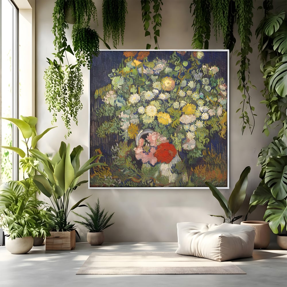 Tablou canvas cu reproducere pictura cu buchet de flori, in rama de aluminiu argintiu